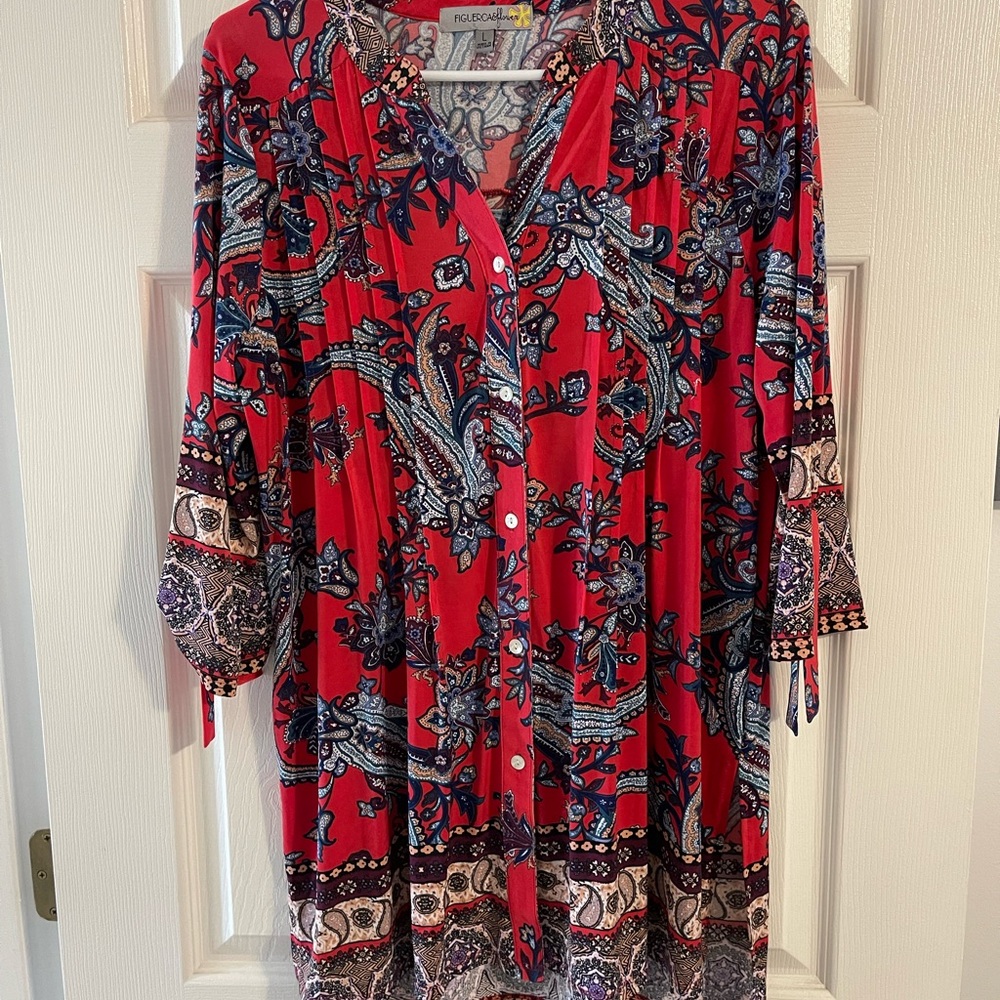 NWOT beautiful red button down top. 3/4 sleeve with ties. Size Large